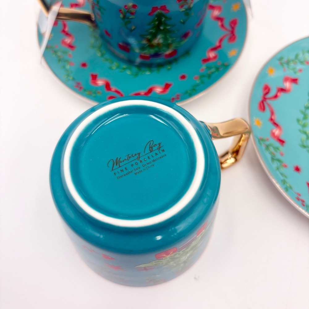 Monterey Bay Fine Porcelain Christmas Tree Teacup Saucer Set Teal Pink Gold - Picture 5 of 7